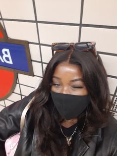 Black girl winking into the camera for a selfie at Bakerloo train station. She has leopard print sunglasses on her head and is wearing a black leather jacket and a black face mask Pretty Curly Hair, Girl With Sunglasses, Black Leather Jacket, The Train, Train Station, Curly Hair, Hair Wrap, Curly Hair Styles, Black Leather