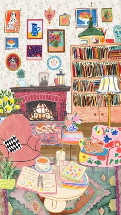 a painting of a living room filled with furniture and books