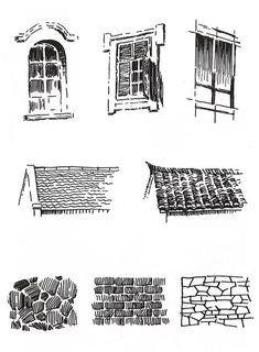 sketches of different types of windows and shutters on a white background, including one in the foreground