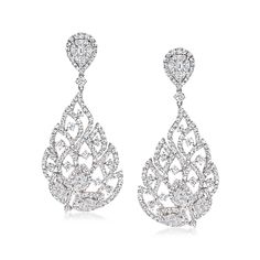 Ross-Simons - 5.75 ct. t. w. Diamond Teardrop Earrings in 18kt White Gold. Emulating the elegance of a peacock's beautiful feathers, these drop earrings are undeniably stunning. Featuring leafy open-spaced teardrops suspending from pear-shaped clusters above, both entirely adorned by 5.75 ct. t. w. multi-shaped diamonds, this pair exudes a gorgeous glimmer with every slight turn and twist. Set in 18kt white gold. Hanging length is 2". Clip/post, diamond teardrop earrings. Diamond birthstones are Luxury White Pear-shaped Cluster Earrings, Diamond Earrings 1stdibs, Exquisite Pierced Diamond Earrings For Formal Occasions, Exquisite Diamond Pierced Earrings For Formal Occasions, Pear-shaped Diamond Earrings With Accents For Evening, Formal Cubic Zirconia Bridal Earrings, Formal Bridal Earrings With Cubic Zirconia, Pear-shaped Diamond Earrings For Evening, Luxury Pear-shaped Chandelier Earrings For Formal Events