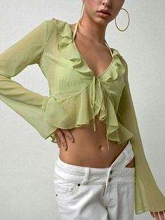 ⚡️Buy Sheer Mesh Ruffle Long Sleeve Crop Blouse Green S under $19.00 in Blouses & Shirts Online. Style: Street. Color: Green. Fabric Content: Polyester, Spandex. Fit Type: Slim fit. Neckline: V Neck. Sleeve Length: Long Sleeve. Design: Tie Front Fastening, Ruffle Trim Detail. ✓2022 SPRING DROPS✓Free Shipping on all orders over $59. Check reviews and order Sheer Mesh Ruffle Long Sleeve Crop Blouse today. Long Sleeve Summer Shirts, Clubwear Tops, Beach Crop Tops, Dirndl Outfit, Bandeau Tops, Rock Outfit, Mode Casual, Mini Robes