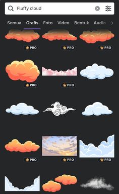 an image of clouds with different colors and shapes on them, including the words flufy cloud