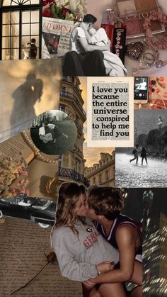 the collage has many different pictures and words on it, including an image of a man kissing a woman