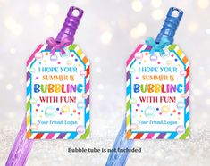 two tags that say, i hope your summer is bubblying with fun and have bubbles on them