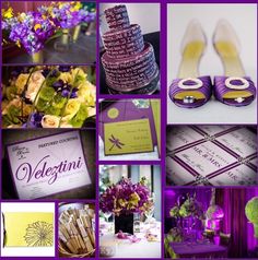 purple and yellow wedding theme collage with shoes, napkins, flowers, cards