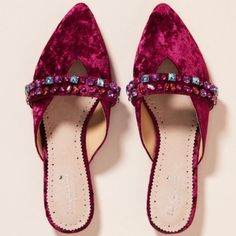 New In Box (Not Original Box But In The One Sent From Anthropologie), Farylrobin Tarray Embellished Velvet Flats In Ruby/Fuchsia. These. Are. Gorgeous. Perfect Party Shoe Or Pampering, Wear-Around-The-House-Because-You-Deserve-To-Feel-Special Shoe.... You Decide! Velvet Mules, Ruby Color, Velvet Flats, Floral Flats, Embellished Flats, Anthropologie Shoes, Pointy Toe Flats, Bow Flats, Suede Flats