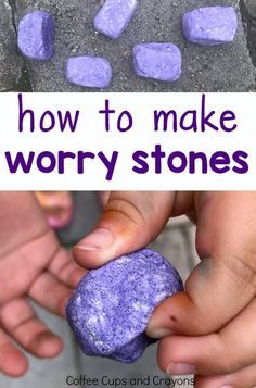 hands holding purple rocks with text overlay how to make worry stones