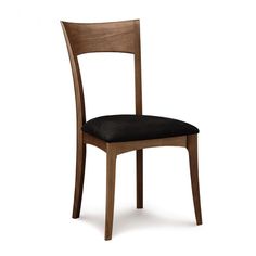 a wooden chair with black seat cushion