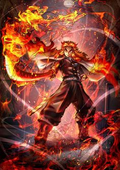 an anime character with fire and flames in the background