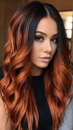 Black Copper Ombre Hair, Winter Copper Hair Color, Hair Color To Make Green Eyes Pop, Copper Hair With Peekaboo, Cowboy Copper Bayalage, Dark Brown Hair With Copper Balayage, Curly Hair Copper Highlights, Hair Color For Yellow Undertones, Dark Brown Hair With Red Balayage