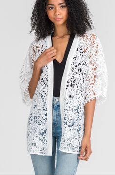 White Kimono - Floral Crochet Lace Kimono - White Crochet Boho Kimono | Bohopink White Lace Kimono, Kimono Beach Cover Up, Crochet Kimono, Floral Print Kimono, Boho Pink, Crochet Fabric, Lace Kimono, Floral Crochet, Boho Kimono