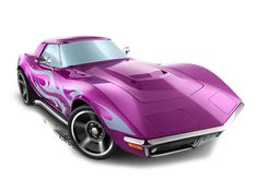 a purple car with flames painted on it's hood is shown in front of a white background