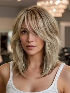 Featuring long layers and curtain bangs, this haircut brings a perfect balance of sophistication and ease. The face-framing bangs gently cascade along the sides, enhancing the cheekbones and jawline. Face Frame Layers Curtain Bangs, Medium Hairstyle Women Curtain Bangs, Side Swept Curtain Bangs Medium Hair, Medium Layered Haircuts Curtain Bangs, Long Layers Framing Face, Lob With Face Framing Layers Side Part, Mom Haircut With Bangs, Lob With Layers And Curtain Bangs, Hair Cuts Woman Medium