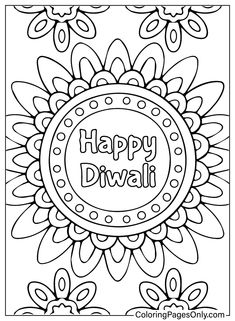 happy diwali coloring page with an ornate flower and the words happy diwali