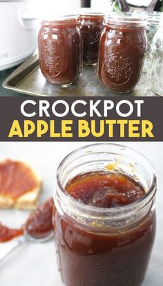 crockpot apple butter in jars and on a tray