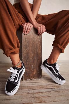 Old Skool Stackform Canvas Sneakers | Free People Vans Old Skool Platform Outfit Women, Vans Stackform Outfits, Black Vans Outfit Women, Vans Platform Sneakers Outfit, Platform Vans Outfit, Old Skool Outfit, Black Vans Outfit, Vans Shoes Outfit, Platform Sneakers Outfit