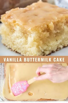 vanilla buttermilk cake with frosting in a pan and then topped with icing