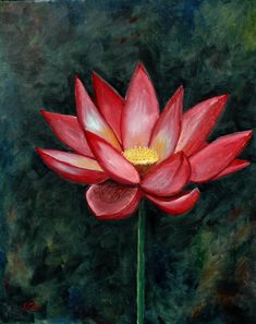 Titled "Red Lotus" This is an original oil painting of a red lotus flower with a green abstract background.  Lotus flowers are sacred of Buddhism, Hinduism, and ancient Egyptian religions.  These flowers are often symbolic.  The lotus is very important to me and how its meaning helped me to transform my life.   This piece was created using oil paint on 20" x 16" canvas.  It has been varnished and is ready to frame.  The second photo demonstrates the painting framed, but please note that the pain Red Lotus Painting, Red Flower Painting, Flower Painting Videos, Yoga Art Painting, Lotus Flower Painting, Paint 3d