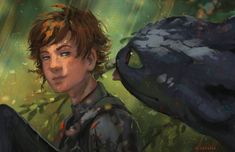 a painting of a boy and an animal