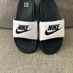 Brand New Never Worn Size S/M Nike Slides Black Non-slip Slides For Leisure, Black Sneakers With Round Toe For Leisure, Black Slip-resistant Slides For Spring, Black Sneakers For School In Spring, Black School Sneakers For Spring, Black Synthetic Slides For Leisure, Black Spring Sneakers For School, Black Slip-on Sneakers For Leisure, Nike Black Slides With Rubber Sole