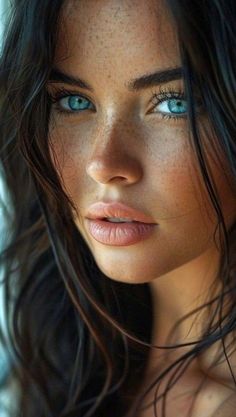 a woman with freckled hair and blue eyes looks at the camera while posing