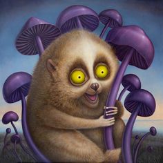 a painting of a monkey with yellow eyes holding on to some purple mushrooms