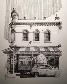 a black and white drawing of a building with a car parked in front of it