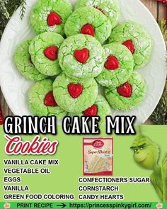 an advertisement for grinch cake mix cookies on a plate