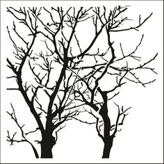 black and white tree silhouettes with no leaves on the branches, against a white background