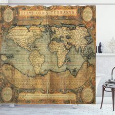 an old world map shower curtain in a bathroom