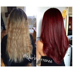 Before/after. We did a super rich, deep red violet  I love doing huge transformations because it gives me a chance to challenge myself, plus it's such an exciting change for the client! Red Hair For Fall, Blonde To Red Hair, Before And After Blonde, Blonde To Dark, Blonde To Red, Fall Red Hair, Hair For Fall, Babylights Hair