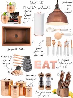 the kitchen decor guide is shown with copper accessories and utensils, as well as other items