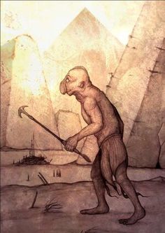 a drawing of a man with an ax in his hand holding a stick and looking at the ground