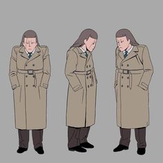 three men in trench coats standing next to each other with their hands on their hipss