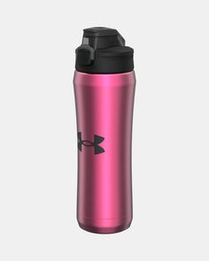 the under armour stainless steel water bottle is pink with black lid and logo on it