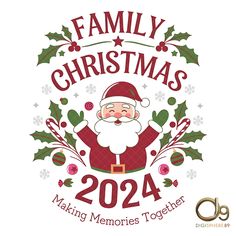 a family christmas shirt with santa claus and holly wreaths on the front, in red