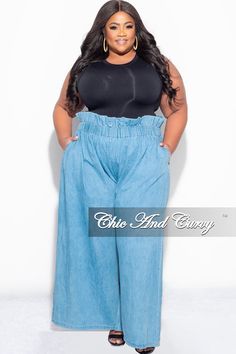 Non-stretch pants High-waisted Elastic waistband Denim Oversized Wide-leg Inseam is 29 inches 100% Cotton Hand wash cold Model is wearing a 2X Jeans For Big Belly, Denim Wide Leg Pants, Chic And Curvy, Denim Wide Leg, Big Belly, Stretch Pants, Wide Leg Denim, Light Denim, Leg Pants