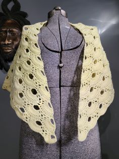 "A pale two-toned yellow, crocheted shawl, made using the \"Virus Shawl\" pattern, written by Julia Marquardt. Shawl is approximately 27x39x56 inches. *Necklace not included*" Crochet Virus Shawl, Yellow One-size Shawl Scarves, Pale Yellow, Crochet Throw, Shawl Pattern, Crochet Shawl, Shawls And Wraps, Scarf Wrap, Custom Pillows