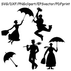 silhouettes of people with umbrellas and hats