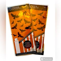 two flyers with birds flying over them on the front and back of an orange background