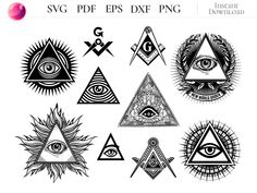 the all seeing eye symbols are shown in black and white, as well as an image of