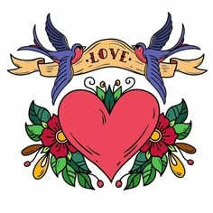 two birds flying over a heart with banner and flowers on the side vector illustration for tattoo or t - shirt design