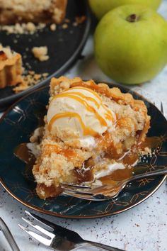 a slice of apple pie with ice cream on top