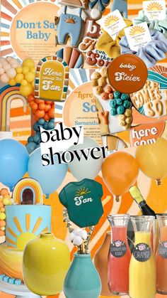 Here Comes the Son Baby Shower Retro Baby Shower Ideas, Son Baby Shower Theme, Sun Baby Shower Theme, Cute Baby Shower Themes, Retro Baby Showers, Pregnancy Announcement Gifts, Shower Inspiration