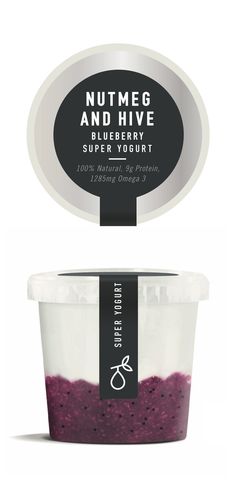 blueberry yogurt in a plastic container with the label nutmeg and hive