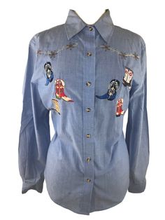 Roughrider by Circle T Women's Vintage Western Cowboy Boot Button Up Shirt L. Condition is "Pre-owned". Shipped with USPS First Class. Great condition vintage roughrider western shirt! Embroidered with cowboy boots! Denim blue fabric style, there is a slight imperfection on the bottom of the shirt ( see pictures) All measurements taken laid flat Length: 27” Chest: 22.5” Cowboy Boot, Western Cowboy Boots, Western Shirt, Vintage Western, Western Shirts, Western Cowboy, Denim Blue, Blue Fabric, Button Up Shirt