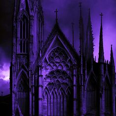 an image of a gothic cathedral with purple lighting in the dark night sky behind it