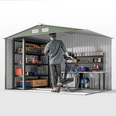 a man standing next to a bike in a storage shed with shelves on both sides