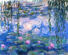 a painting of water lilies and lily pads in blue, green and white colors