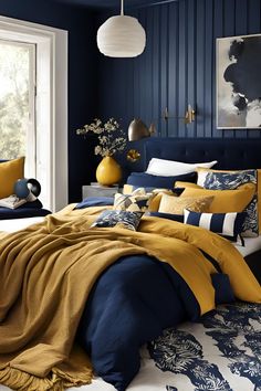 a bedroom with blue and yellow bedding, white pillows and paintings on the wall